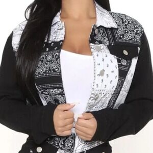 American Bazi Denim Paisley Bandana Graphic Print Jacket‎ Grunge Denim Sz Small